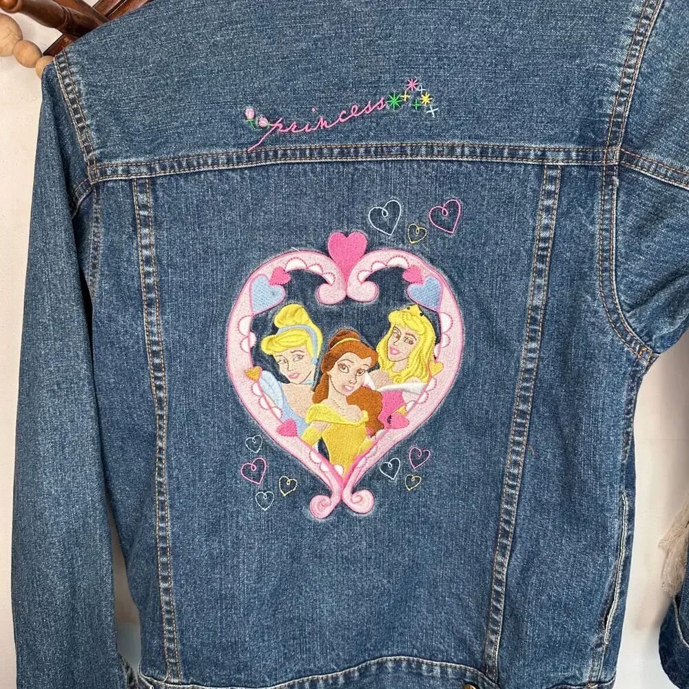 Vintage Disney Princess Embroidered Belle Cinderella Aurora Denim Jean Jacket